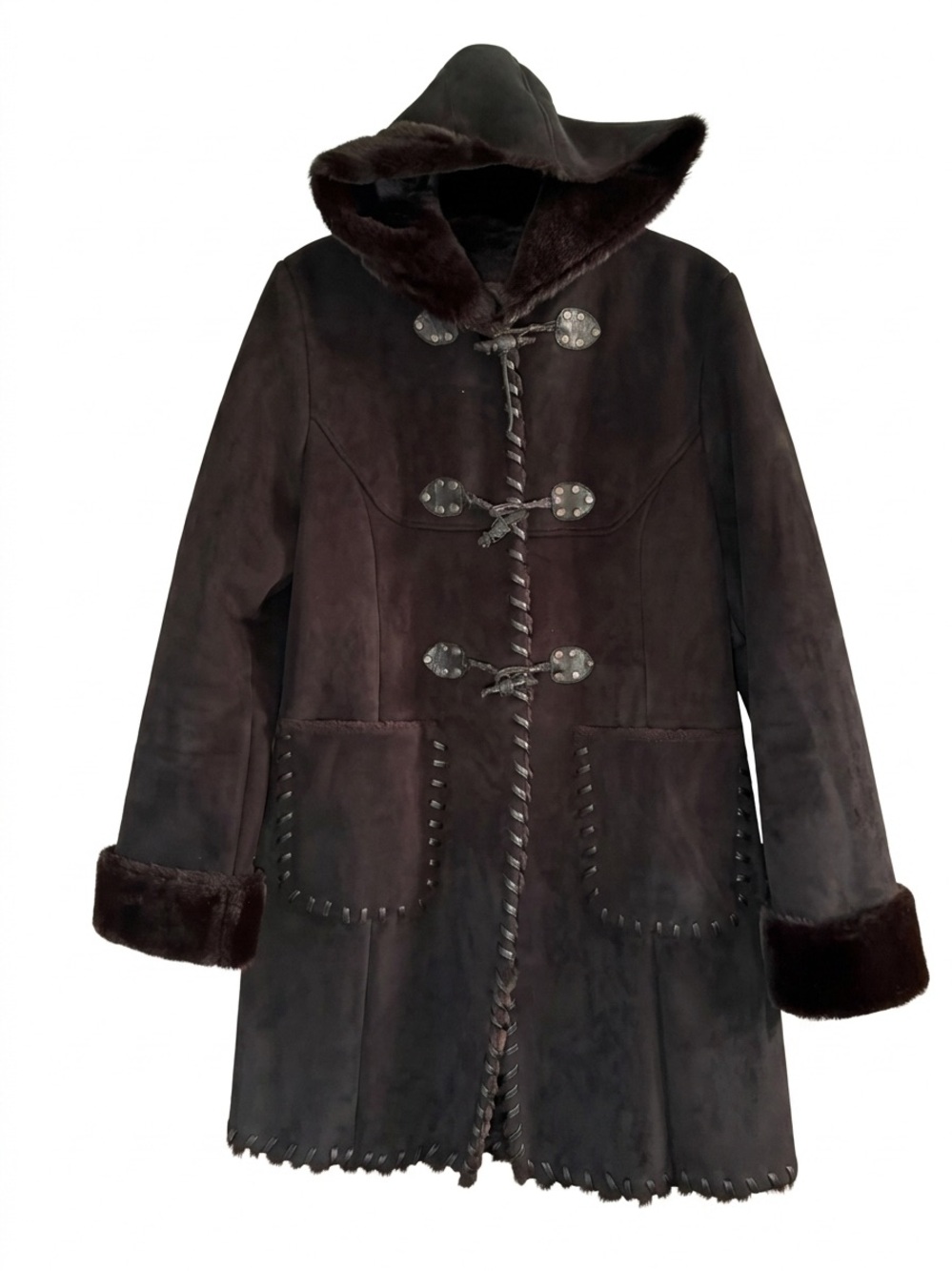 VIA SPIGA black faux fur lined shearling toggle hooded winter coat y2k